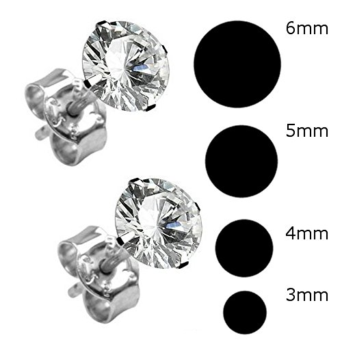 4 Paar Ohrringe Ohrstecker [Ø 3mm – Ø 4mm – Ø 5mm – Ø 6mm] Echt Sterling Silber 925 mit Zirkonia Stein rund für Damen und Herren