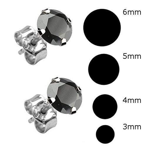 4 Paar Schwarze Ohrringe Ohrstecker [Ø 3mm – Ø 4mm – Ø 5mm – Ø 6mm] Echt Sterling Silber 925 mit Zirkonia Stein rund für Damen und Herren