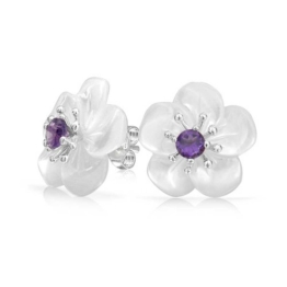 Bling Jewelry Amethyst geschnitzter Perlmutt Weiß Blume Ohrstecker Silber