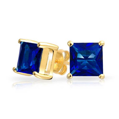 Bling Jewelry Gold Vermeil Farbe Blau Saphir Princess-Schliff CZ Ohrstecker 7mm