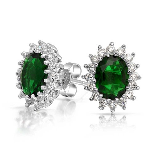 Bling Jewelry Grün Farbe Smaragd Oval CZ Blüte Krone Ohrstecker 925er Silber