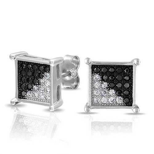Bling Jewelry Herren Schwarz Weiß MikroPavé CZ QuadratOhrstecker925er Silber 8mm