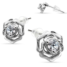 Coolbodyart Damen Ohrring Ohrstecker 925´ Sterling Silber Rosendesign mit klaren Zirkonia