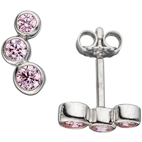 Damen Ohrringe Zirkonia rund Stecker rosa – Glitzer Ohrstecker ‚Spinelle‘ 925 Sterling Silber rhodiniert 9x4mm