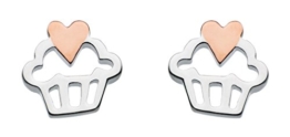 Dew Ohrstecker Afternoon Tea mit Cupcake- und Herzmotiv, Sterlingsilber vergoldet mit Rotgold