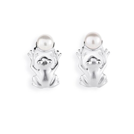 Drachenfels Design Damen-Ohrstecker Froschkönig Silber mattiert Perle Süßwasser-Zuchtperle weiß – D FR 25/AG