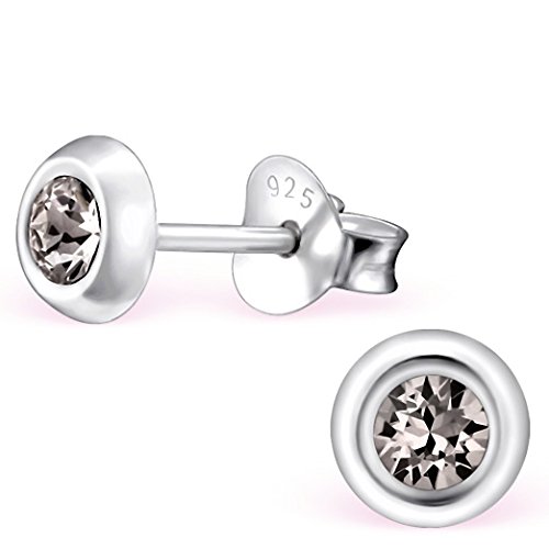EYS Damen-Ohrringe rund 5 mm Swarovski Elements 925 Sterling Silber grau im Etui Damenohrstecker Glitzer Kristalle