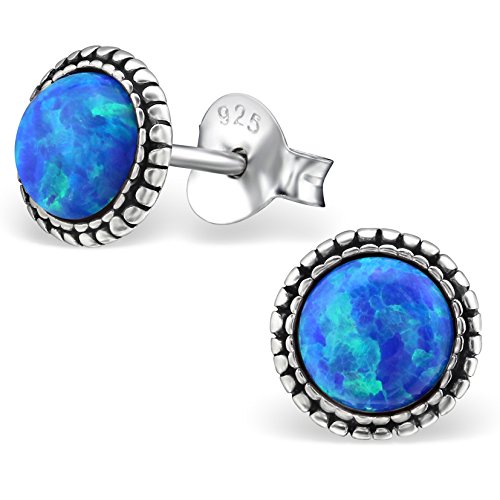 EYS Damen-Ohrringe synthetischer Opal 7 mm 925 Sterling Silber oxidiert dunkel-blau im Etui Damen-Ohrstecker