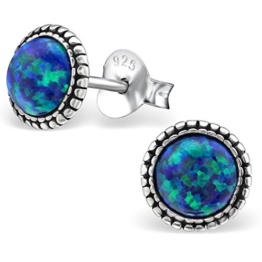 EYS Damen-Ohrringe synthetischer Opal 7 mm 925 Sterling Silber oxidiert grün-blau im Etui Damen-Ohrstecker