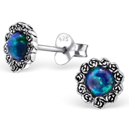 EYS Damen-Ohrringe synthetischer Opal 7 mm 925 Sterling Silber oxidiert grün-blau im Etui Damen-Ohrstecker