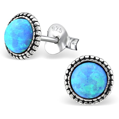 EYS Damen-Ohrringe synthetischer Opal 7 mm 925 Sterling Silber oxidiert hell-blau im Etui Damen-Ohrstecker