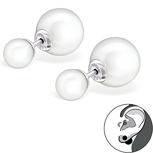 EYS JEWELRY® Damen-Ohrringe Doppel-Perlen Kugeln 6 x 10 mm Perlen Kunstperlen 925 Sterling Silber weiß im Etui Damenohrstecker