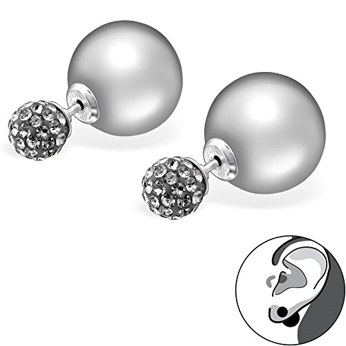 EYS JEWELRY® Damen-Ohrringe Doppel-Perlen Kugeln 6 x 12 mm Preciosa Elements Glitzer Kristalle 925 Sterling Silber grau im Etui Damenohrstecker