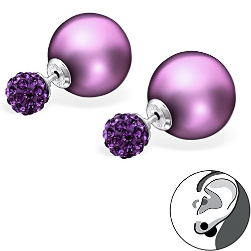 EYS JEWELRY® Damen-Ohrringe Doppel-Perlen Kugeln 6 x 12 mm Preciosa Elements Glitzer Kristalle 925 Sterling Silber lila violett im Etui Damenohrstecker