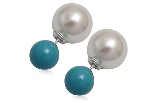 EYS JEWELRY® Damen-Ohrringe Doppel-Perlen Kugeln 8 x 14 mm Perlen Kunstperlen 925 Sterling Silber weiß türkis im Etui Damenohrstecker