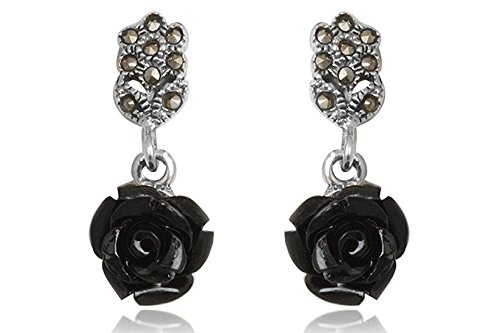 EYS exklusive Damen-Ohrringe Rosen Blüten Onyx Markasit 925 Sterling Silber schwarz im Etui Damen-Ohrstecker