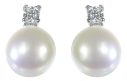 Klassische 925 Sterling Silber Süßwasser-Perlen Damen – Paar Ohrstecker mit Zirkonia 7.0mm