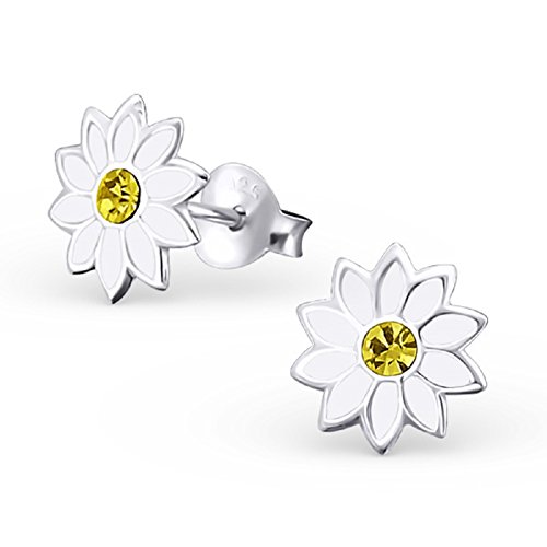 Laimons Damen-Ohrstecker Edelweiß Blume weiß mit glitzer gelb Sterling Silber 925