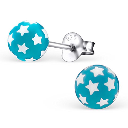 Laimons Damen-Ohrstecker Kugel Ball mit Sternen blau Sterling Silber 925
