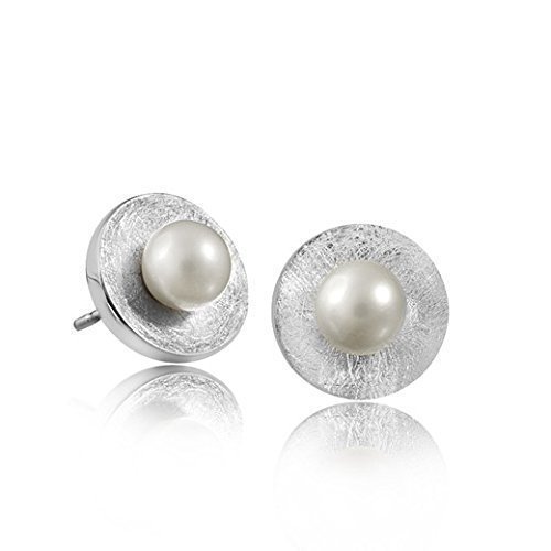 MATERIA 925 Silber Ohrstecker rund mit Perle Ø 11mm – Damen Perlen Ohrringe Stecker mattiert + rhodiniert inkl. Schmuck Box #SO-156