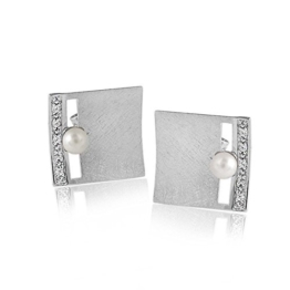 MATERIA Perlen Ohrstecker Silber 925 BEATRICE 15x15mm – Zirkonia Ohrringe quadratisch gebürstet inkl. Box #SO-161