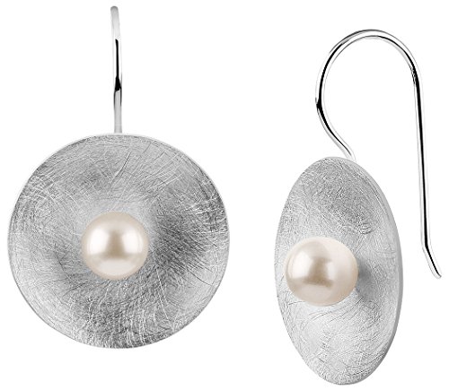 Nenalina Silber Damen-Ohrringe Ohrhänger mit 6 mm Muschelkern-Perle und gebürsteter Oberfläche , 722164-346