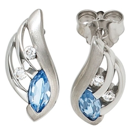 Ohrstecker 925 Sterling Silber rhodiniert teilmattiert mit Zirkonia blau Ohrring silber