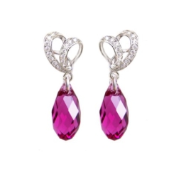 Ohrstecker Herzform mit SWAROVSKI ELEMENTS Kristall Briolette, 925 Silber Ohrringe, Fuchsia