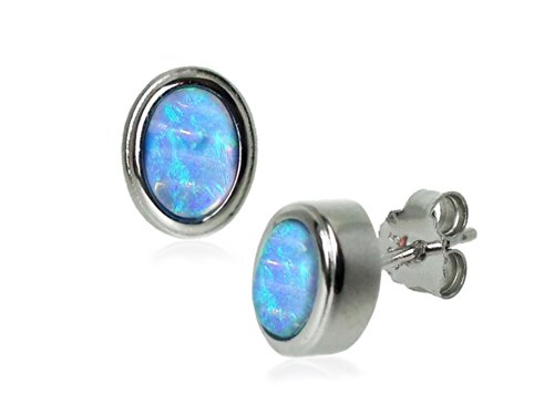 Ovale Ohrringe mit Erstellt Blauen Opal aus Sterling Silber, herrliche Qualität in einer Geschenkbox.