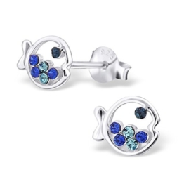 Paar Children’s kleiner niedlicher Fisch, Sterling-Silber 925, mit boxdisplays Kristall Ohrstecker Blau