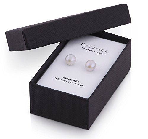 Retorica Klassische, weiße Perlen-Ohrringe – Süßwasserzucht (6 bis 6,5 mm) Ohrstecker mit Weißgold-Überzug 925 Sterlingsilber