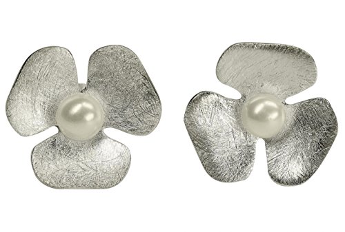 SILBERMOOS Ausgefallene Damen Ohrstecker Kleeblatt gebürstet Blume mit Süßwasserzuchtperle Perle 925 Sterling Silber Ohrringe