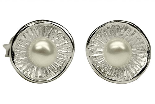 SILBERMOOS Damen Ohrstecker Blüte sandgestrahlt kleine Süßwasserperle Perle weiß Sterling Silber 925