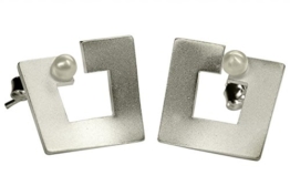 SILBERMOOS Damen Ohrstecker eckig Viereck offen mit Süßwasserperle matt Sterling Silber 925 Ohrringe