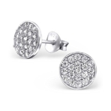 SILV 925 Silber Ohrstecker flach mit 38 Zirkonia – Damen Ohrringe Glitzer Stecker silber Ø8mm #SV-165