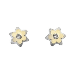 Silber & 9 Karat (375) Bicolor Zirkonia Ohrringe Blume