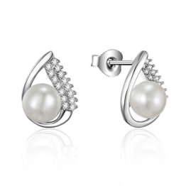 Silberfarbenes 925 Sterling Silber 5 mm Simuliert Perle Tropfenform mit Ball Muster Top Grade Herz Pfeil Zirkonia Cubic Inlay Ohrringe Schmuck