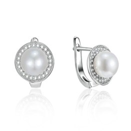 Silberfarbenes 925 Sterling Silber Zirkonia 8 mm Simulierte Runde Perlen Muster Cubic Inlay Ohrringe Schmuck