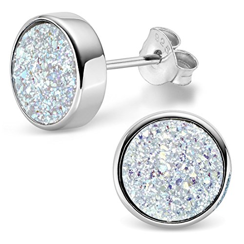 Silvinity 925 Silber Ohrstecker Opal weiß Ø9mm – Damen Ohrringe Glitzer Stecker rhodiniert mit Quarz Kristallen SV-210-W