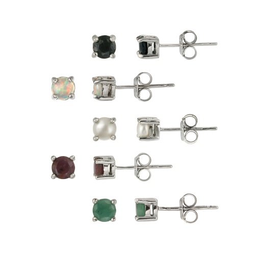 Sterling Silber 4mm rund Echte Rubin, Saphir, Smaragd, Opal und Perlen Ohrstecker, Set