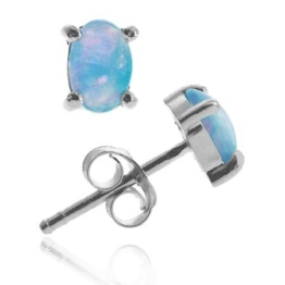 Sterling Silber 6×4 Ovale Feurigen Erstellt Blau Opal Ohrstecker