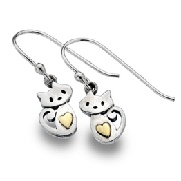 Sterling Silber und Gold Katzen und Herzen sitzend baumelnden Ohrringe