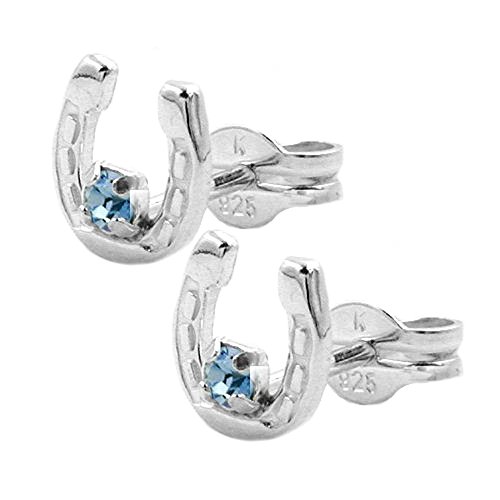 Unbespielt Ohrstecker Hufeisen mit Glasstein blau 925 Silber 6 mm Durchmesser inklusive Schmuckbox Ohrschmuck Ohrringe