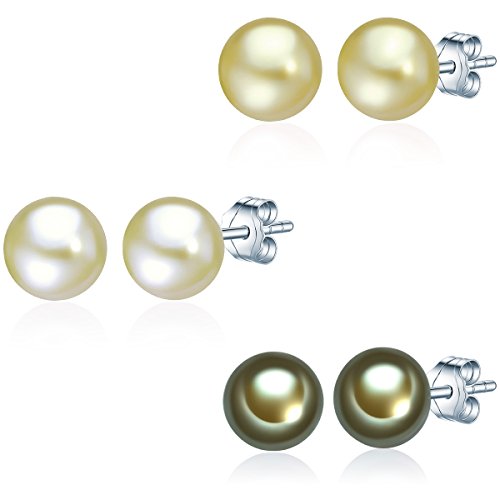 Valero Pearls Classic Collection Damen-Set: 3 Paar Ohrstecker Hochwertige Süßwasser-Zuchtperlen in ca.  7 mm Button grün 925 Sterling Silber       60200125