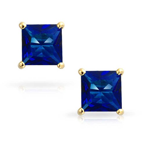 Bling Jewelry Gold Vermeil Farbe Blau Saphir Princess-Schliff CZ Ohrstecker 7mm -