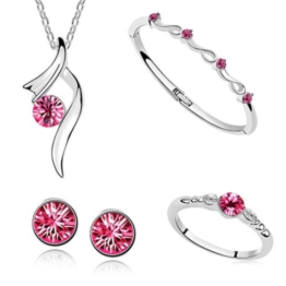 Damen Schmuck Set Halskette mit Anhänger Ohrstecker Ring Armband Zirkonia Kristall 18K Weißgold plattiert pink -