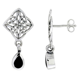 keltischer Knoten Ohrstecker aus Sterling Silber mit Birnenschliff baumelndem schwarzem Onyx,(27 mm) gross