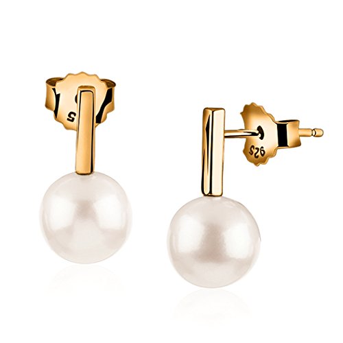 Nenalina Silber Damen-Ohrringe Perlen Ohrstecker mit 8 mm Muschelkern-Perle, vergoldet, 722158-546 -