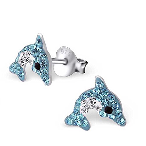 SL-Collection Ohrringe Kinderohrringe Delfin Kristalle in zwei Farben 925 Silber , Farbe:Blau -