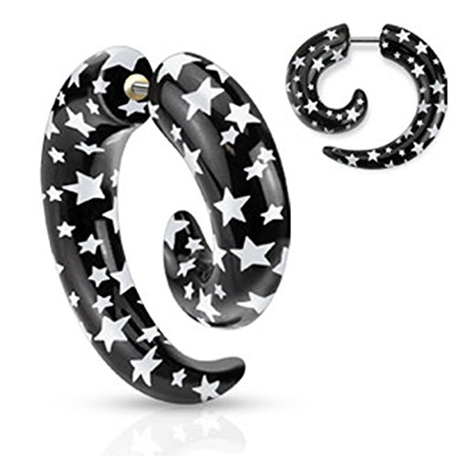 SL-Silver Fake Plug Ohrring Spirale schwarz mit weissen Sternen Edelstahl -